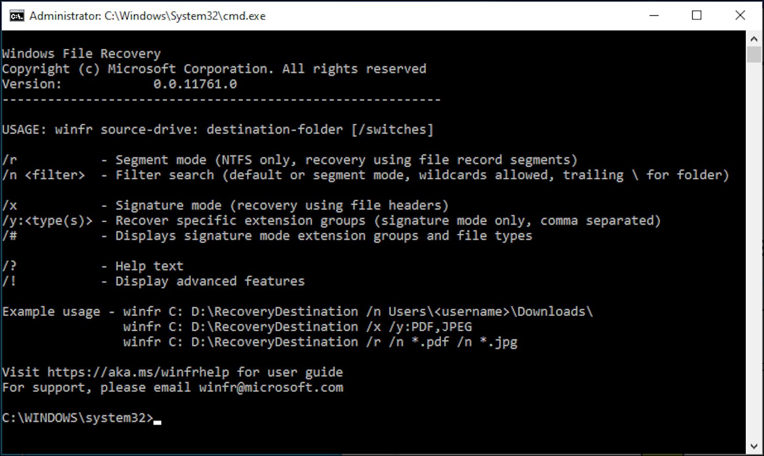 Windows File Recovery. Komentorivipohjainen Windows File Recovery